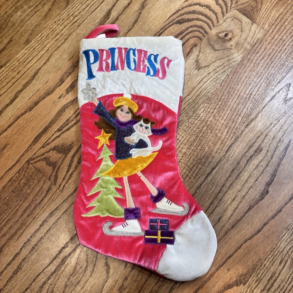 Dan Dee Princess Christmas Stocking Pink Velvet Ice Skater Cat Holiday Decor